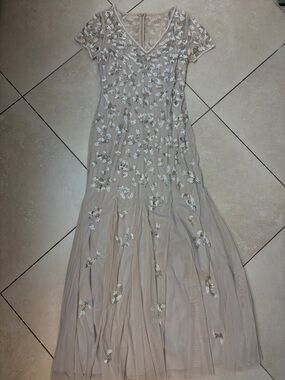 Adrianna Papell Champagne Beaded V-Neck Maxi Dress